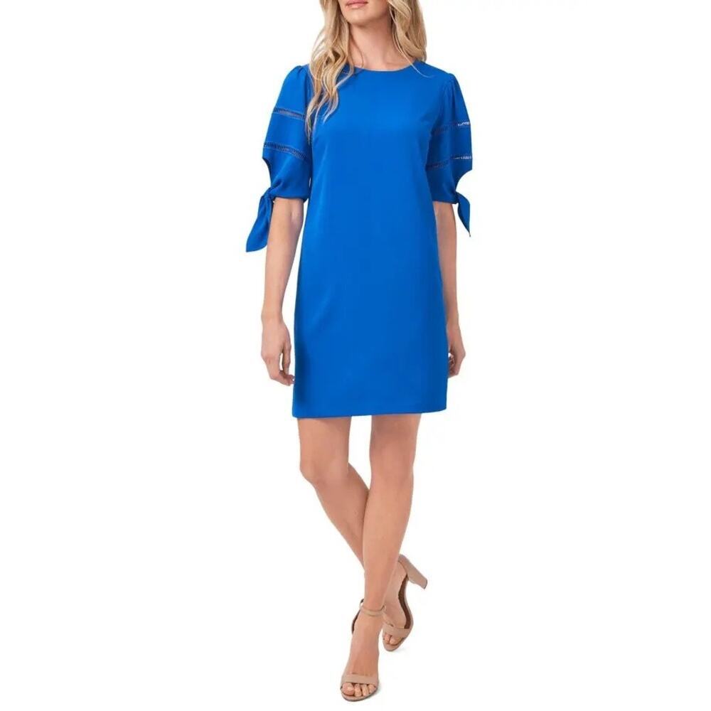 Cece Dupraz Woman’s Blue Ladder Stitch Tie Sleeve Crepe Shift Dress- Size 8